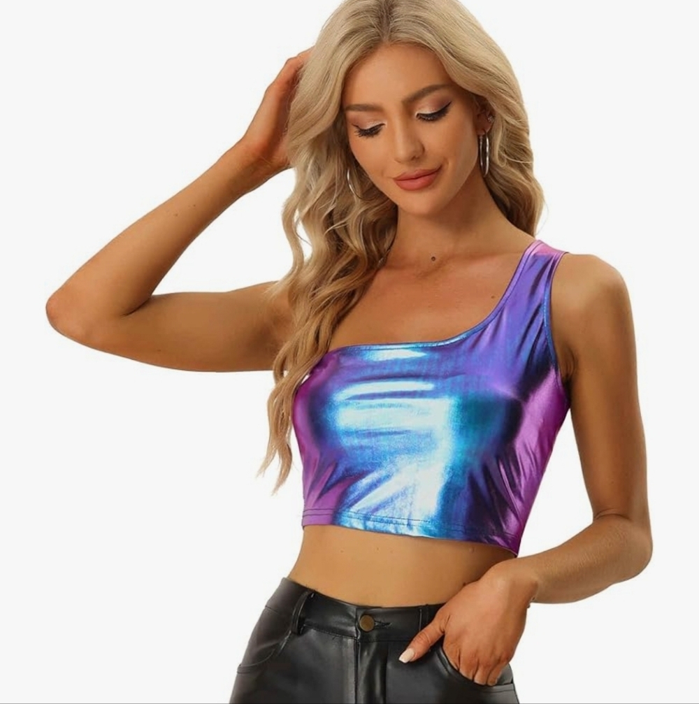 Iridescent Purple Blue One-Shoulder Metallic Crop Top